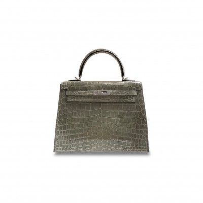 HERMÈS MASTER KELLY 25 TURTLEDOVE GREY SHINY CROCODILE SILVER BUCKLE (25*17*7cm) 